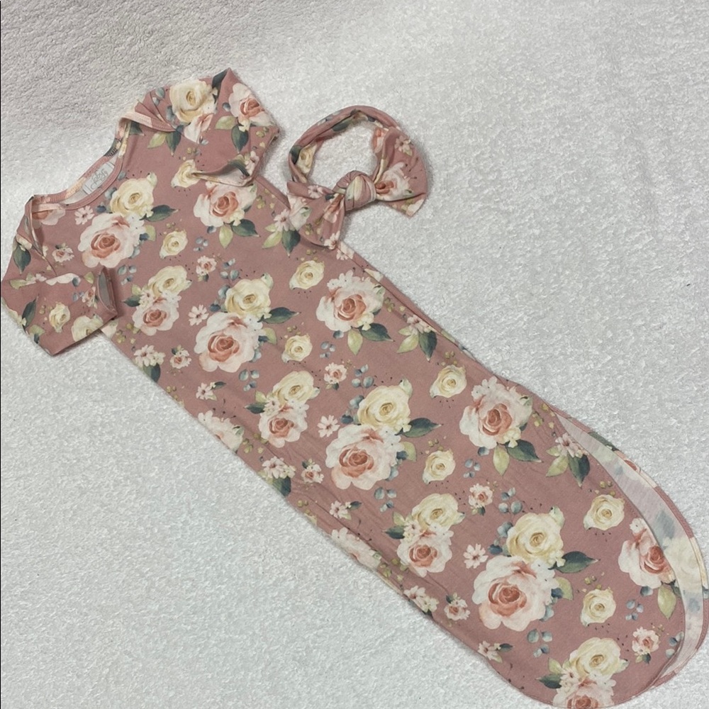 Toby knotted Rosalia Floral baby pink Baby Gown with Headband 0/6m